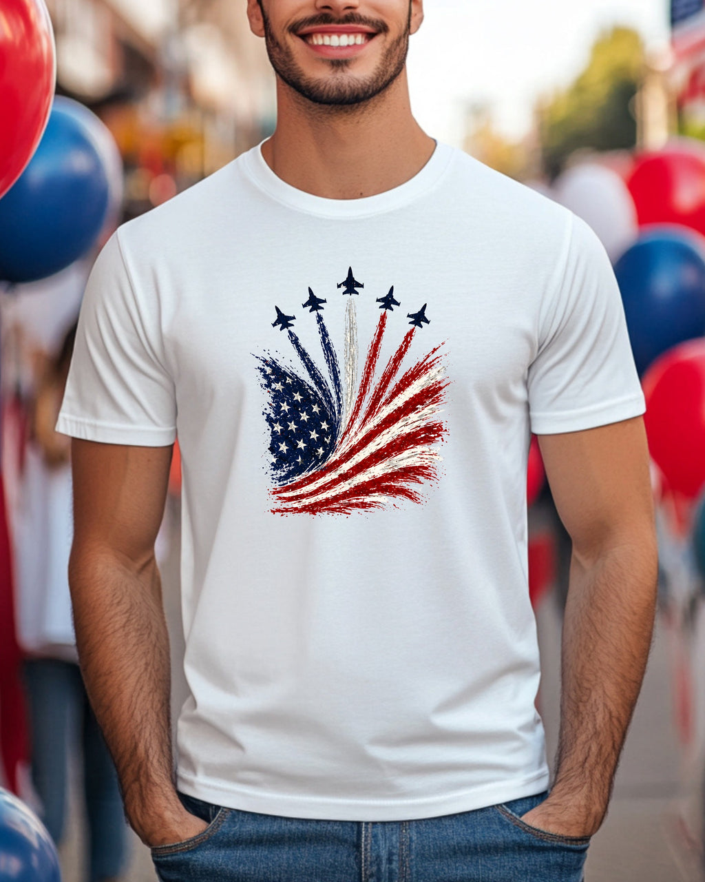 White t-shirt with abstract American flag and fighter jets graphic.