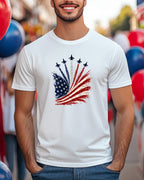 White t-shirt with abstract American flag and fighter jets graphic.