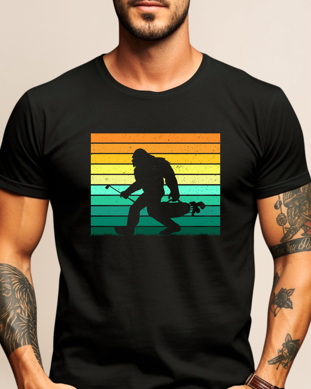 Silhouette of Bigfoot carrying a golf bag and club against striped background.