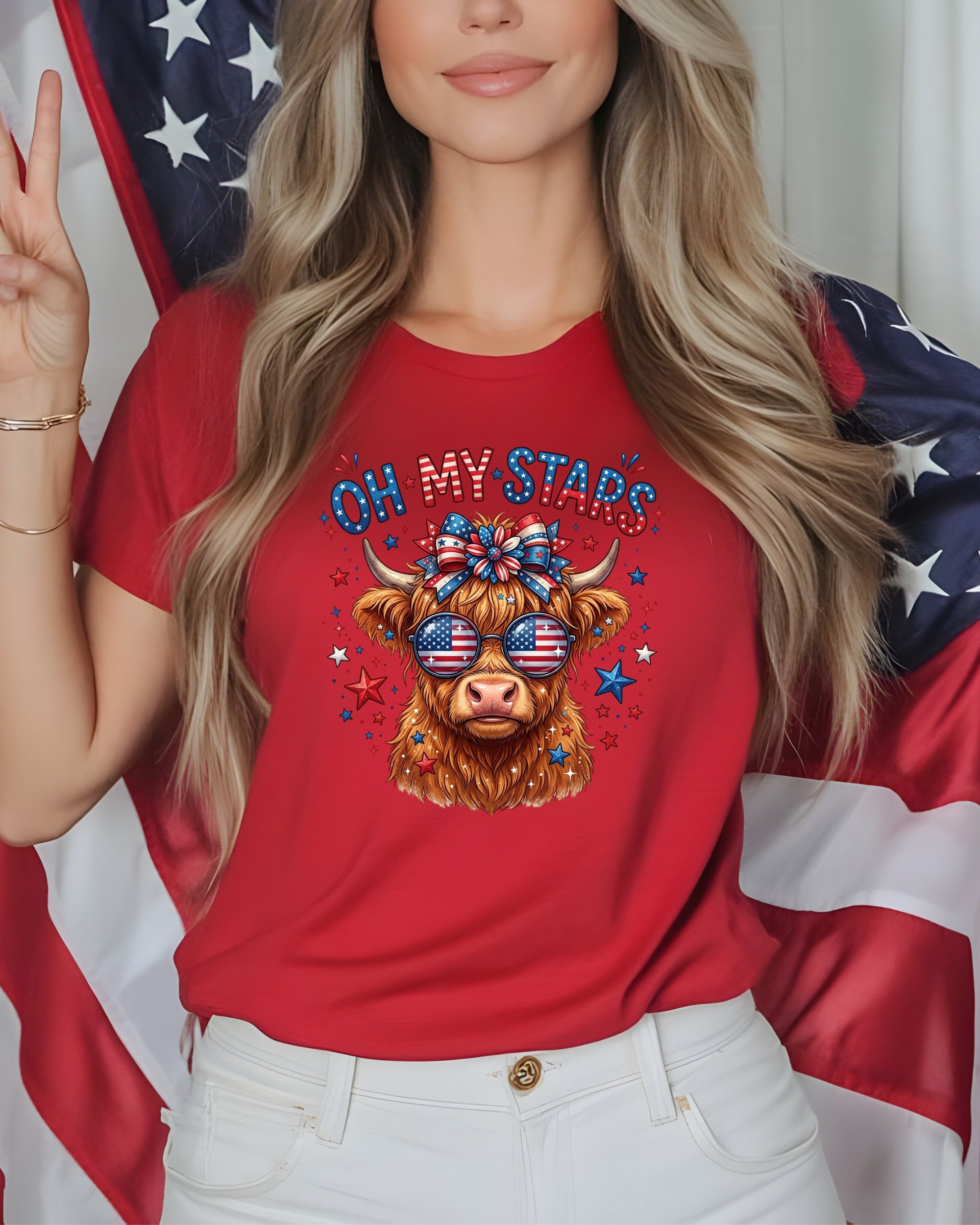 Red t-shirt with patriotic Highland cow graphic and "Oh My Stars" text.