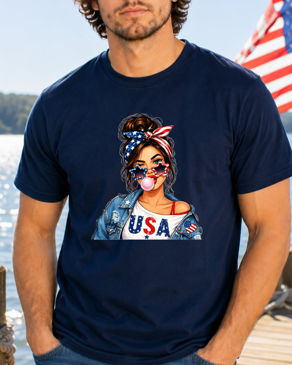 Woman in USA t-shirt and bandana blowing bubblegum.