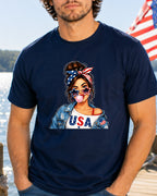 Woman in USA t-shirt and bandana blowing bubblegum.