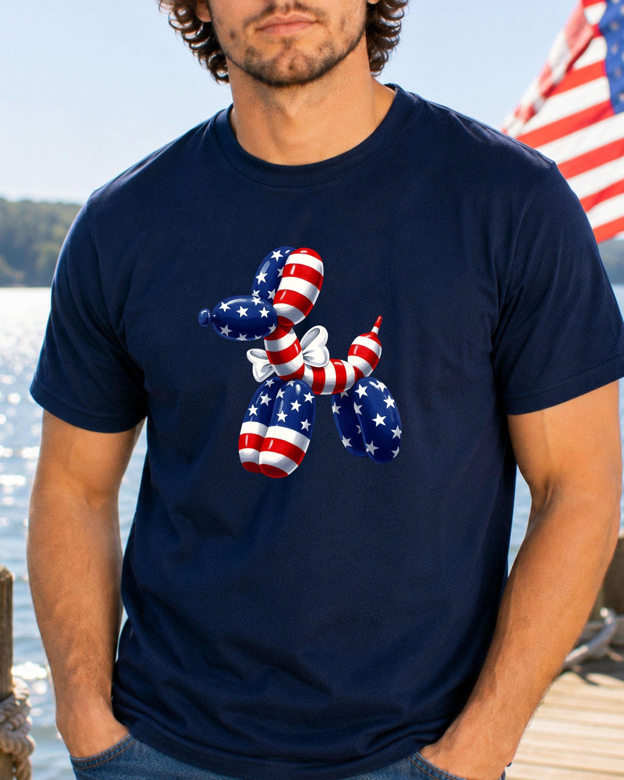 Navy t-shirt with a red, white, and blue balloon dog graphic.