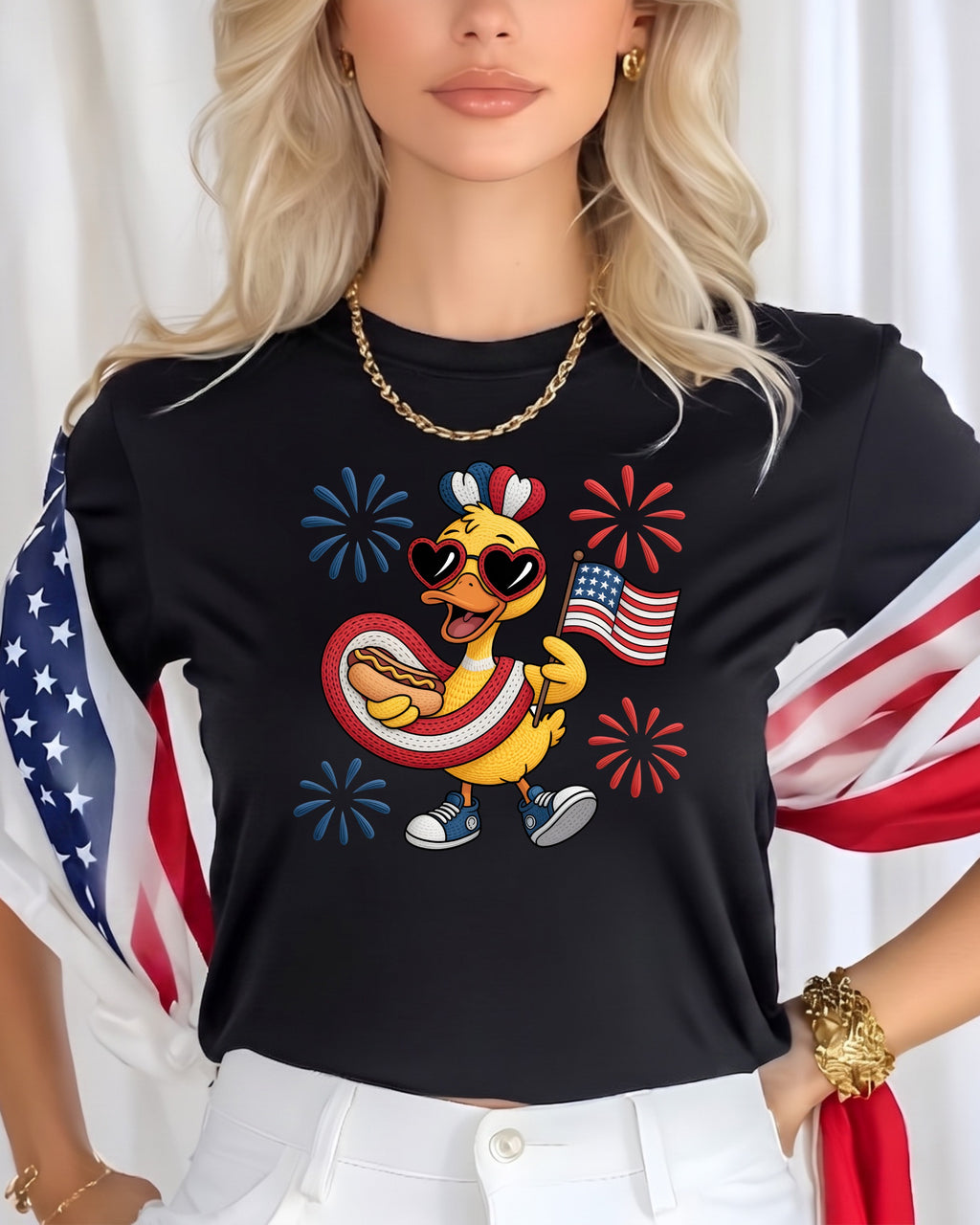 Cartoon duck in sunglasses holding hot dog and American flag with fireworks.