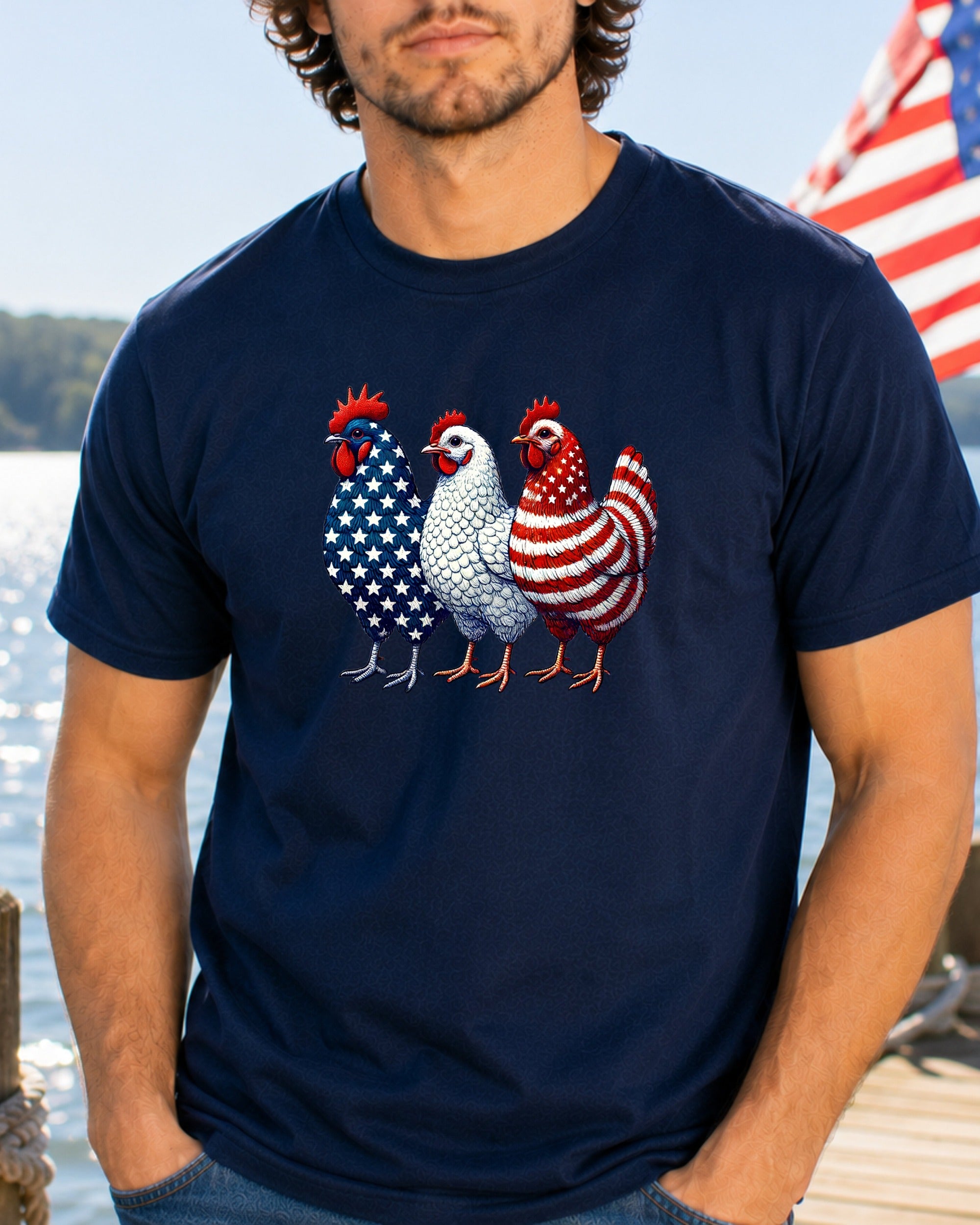 Three chickens with American flag patterns on a navy blue t-shirt.