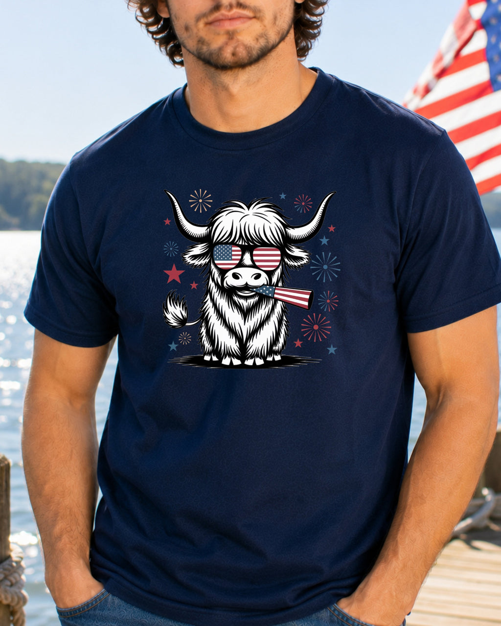 Highland cow wearing sunglasses and an American flag bandana.