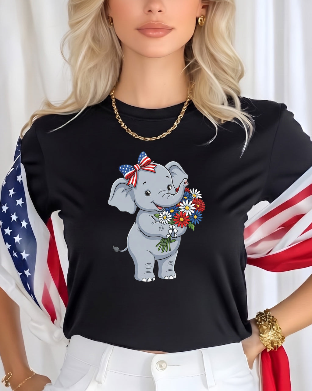Cartoon elephant in black t-shirt holding a bouquet of flowers with American flags.