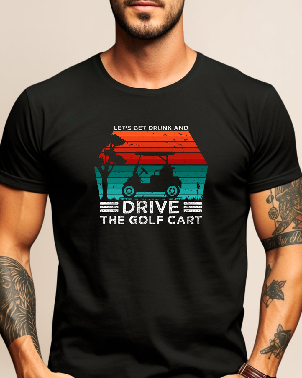 Black t-shirt with graphic: "Let's Get Drunk and Drive the Golf Cart"