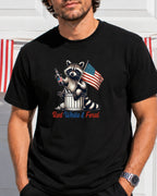 Raccoon holding American flag and drink can, "Red White & Feral" text.