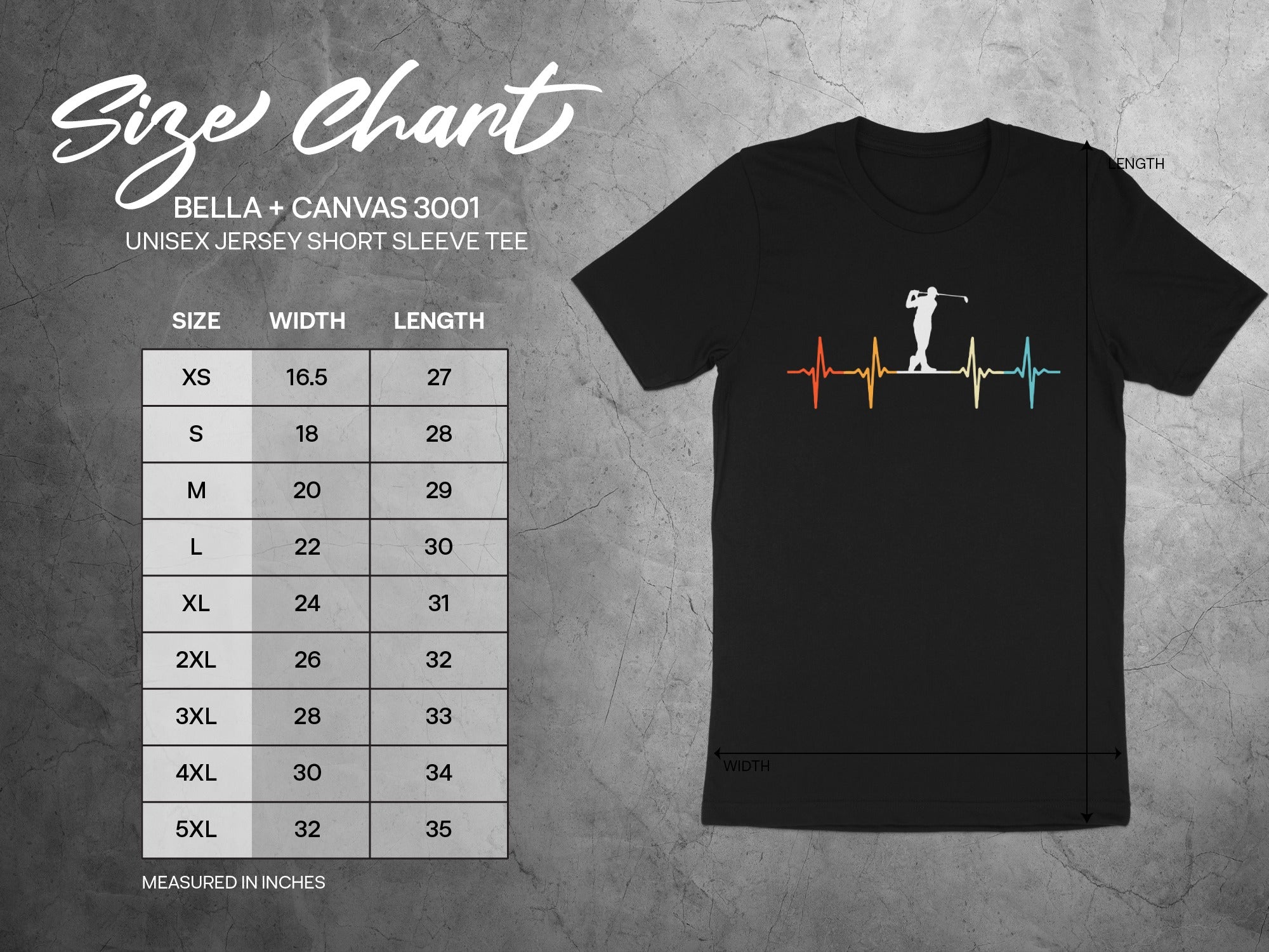 Bella + Canvas 3001 size chart with measurements for unisex jersey short sleeve tee.