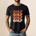 Black t-shirt with stacked "GOLF" text in red, orange, and white.