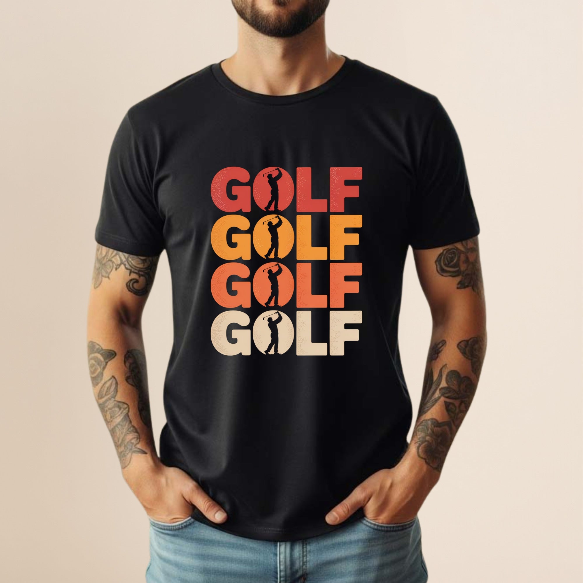 Black t-shirt with stacked "GOLF" text in red, orange, and white.