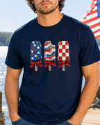 T-shirt with three patriotic popsicles, American flag colors, and red bows.