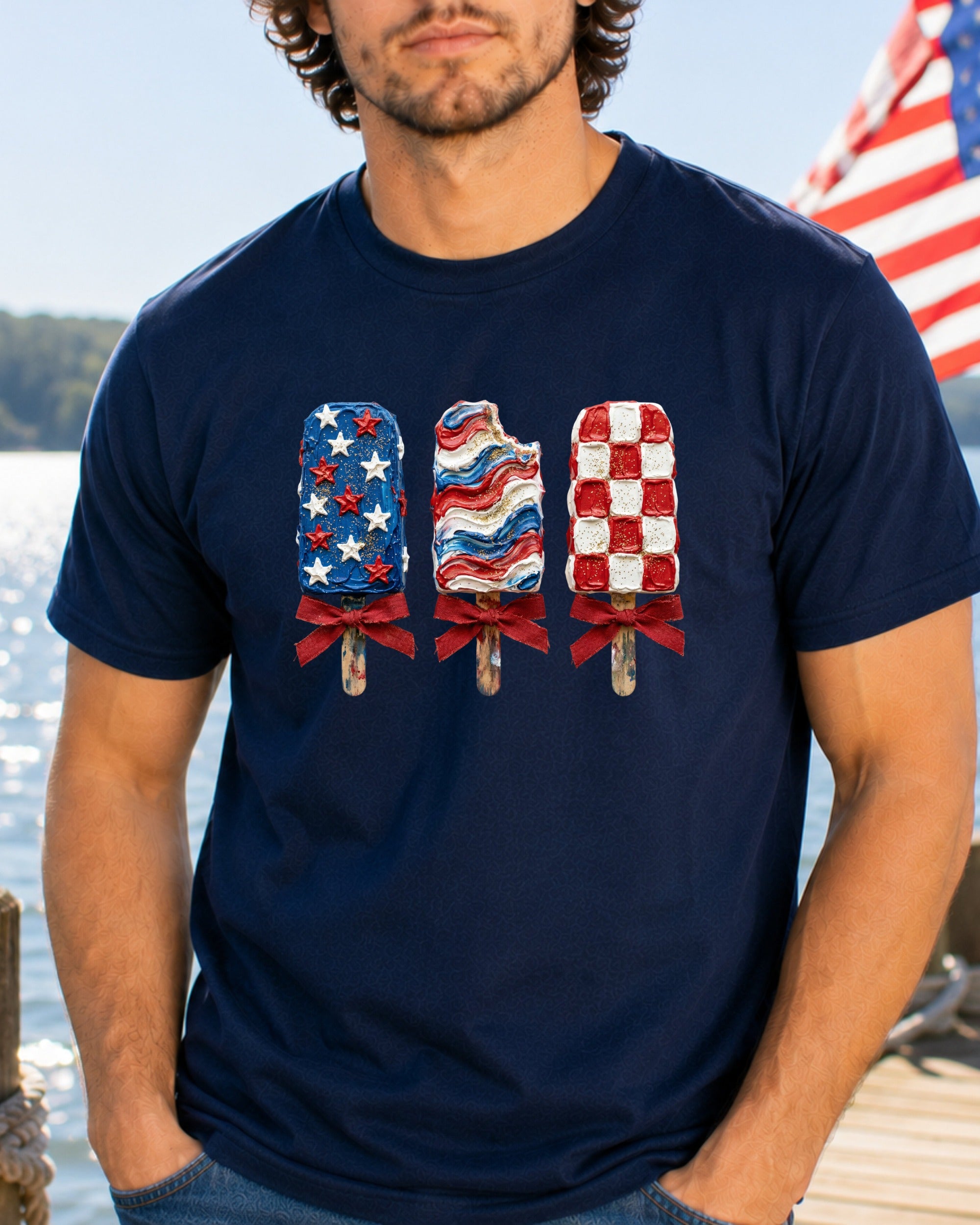 T-shirt with three patriotic popsicles, American flag colors, and red bows.