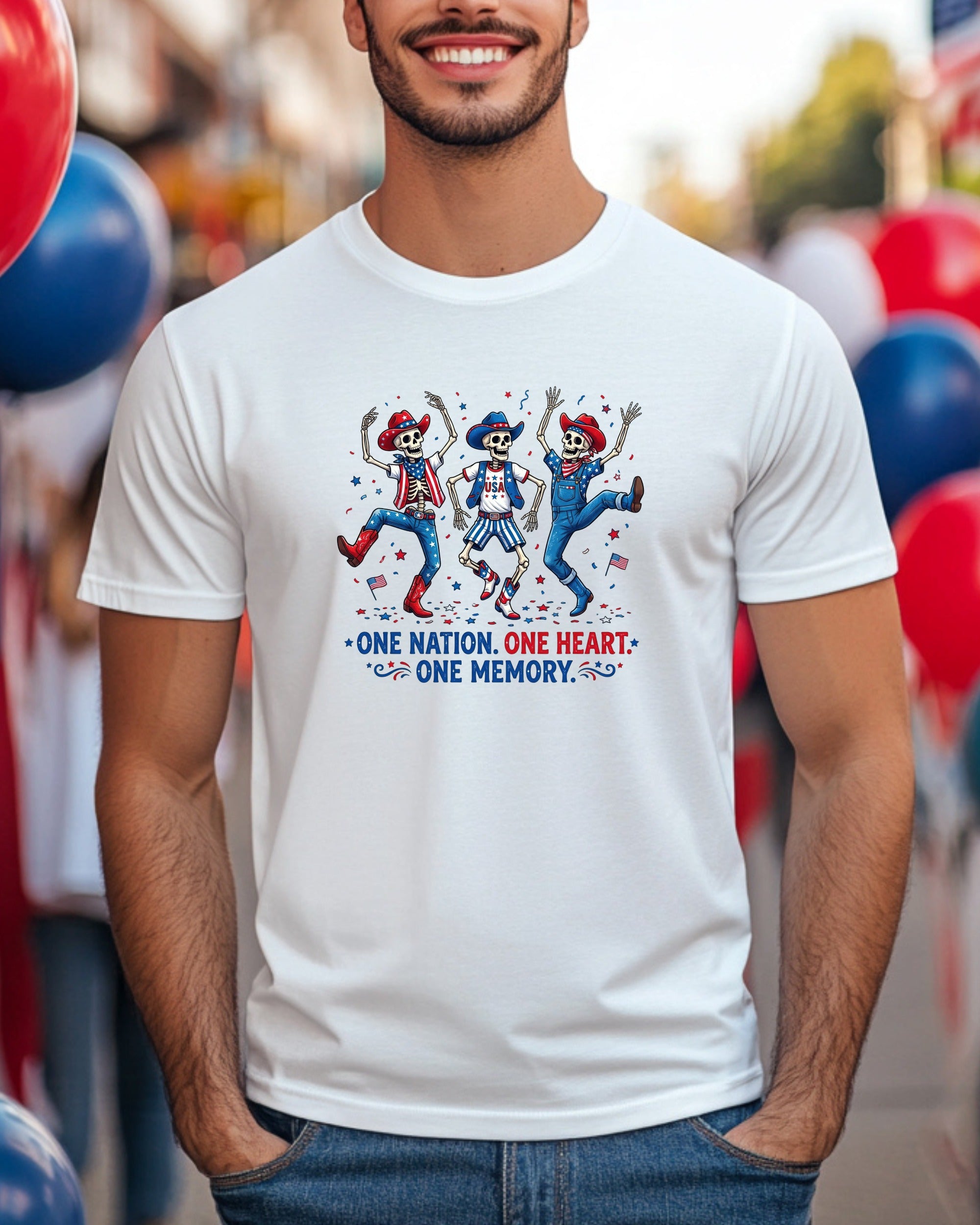 Skeletons in hats dance on a white t-shirt with "ONE NATION. ONE HEART. ONE MEMORY."