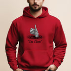 Red hoodie with skeleton hand giving thumbs up in water and text "I'm fine".