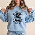 Light blue sweatshirt with "One proud baseball mama" and sunglasses graphic.