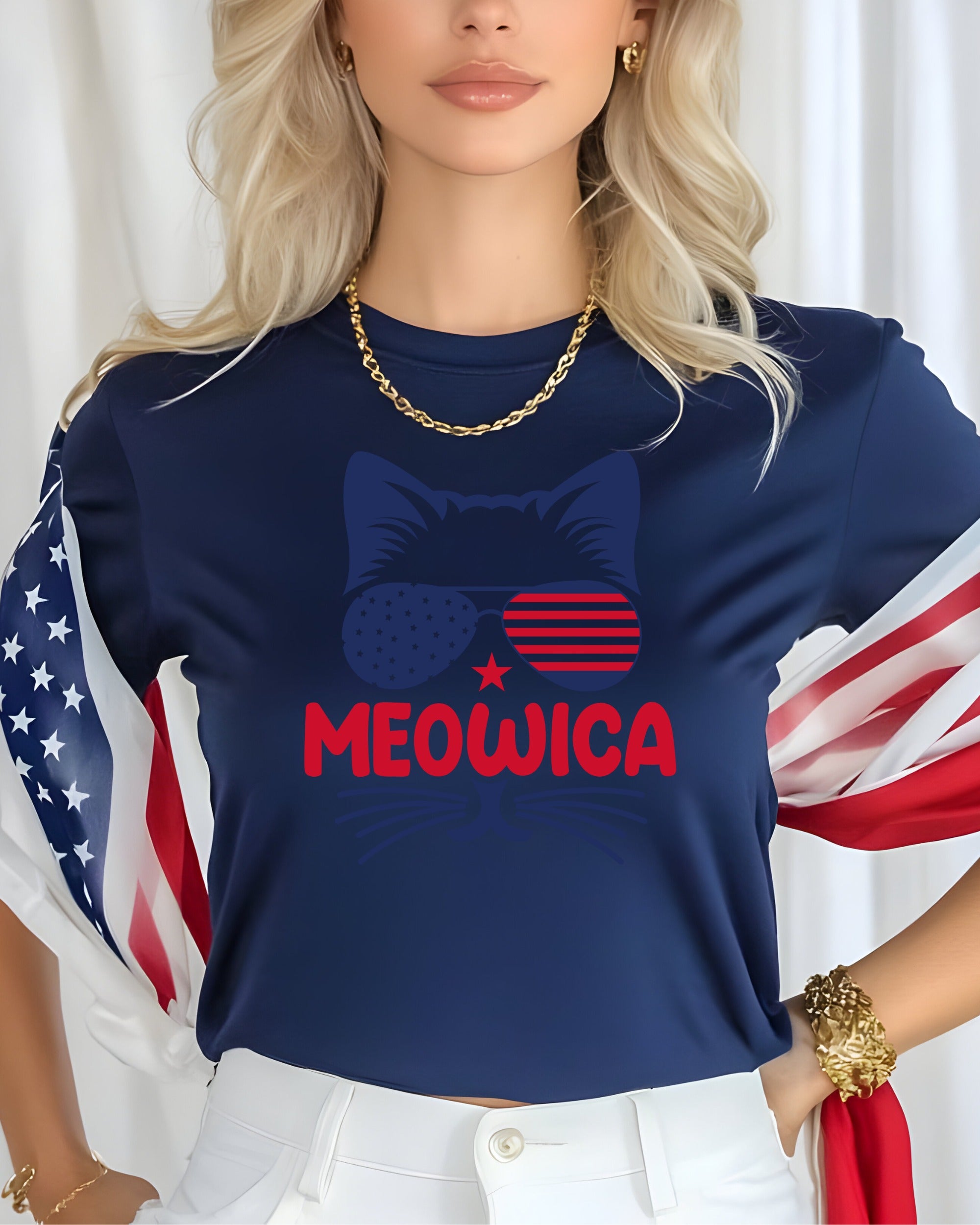Navy t-shirt with red sunglasses-wearing cat and "MEOWICA" text.