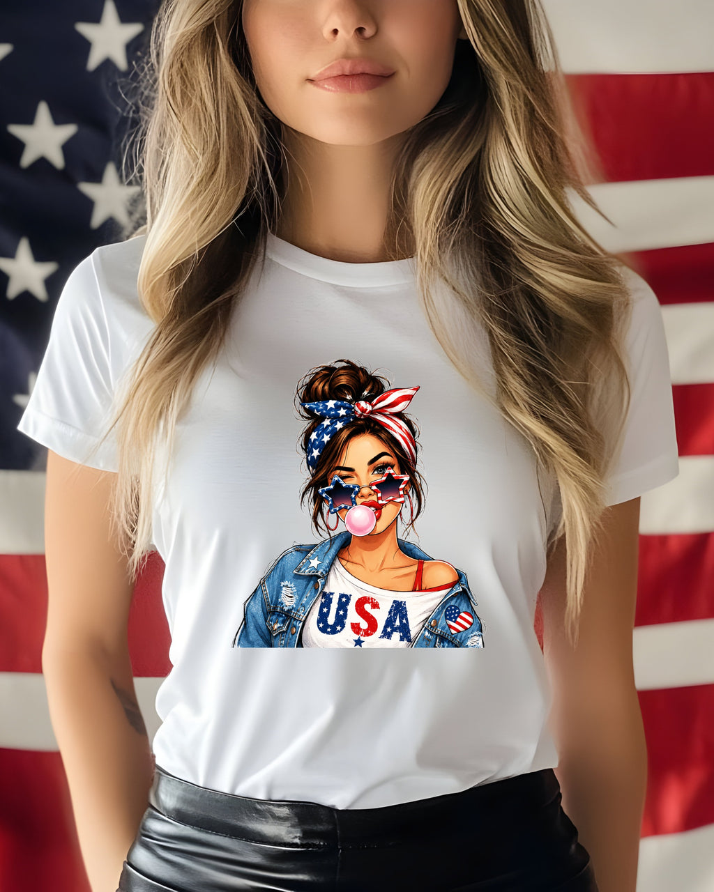 Woman in white t-shirt with USA graphic and denim jacket, American flag background.