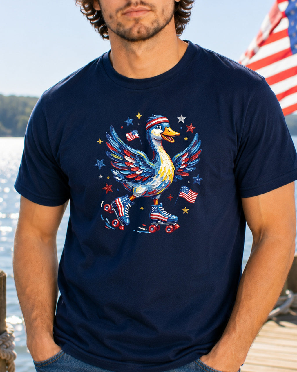 Duck in roller skates wearing patriotic headband and American flags.