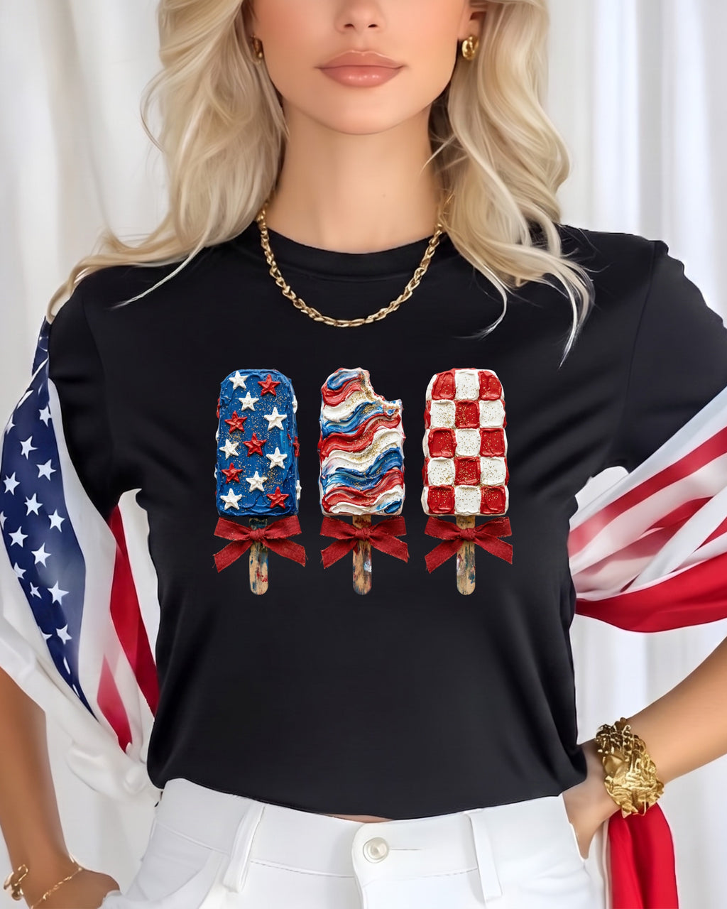 Black t-shirt with patriotic popsicles and American flag accents.