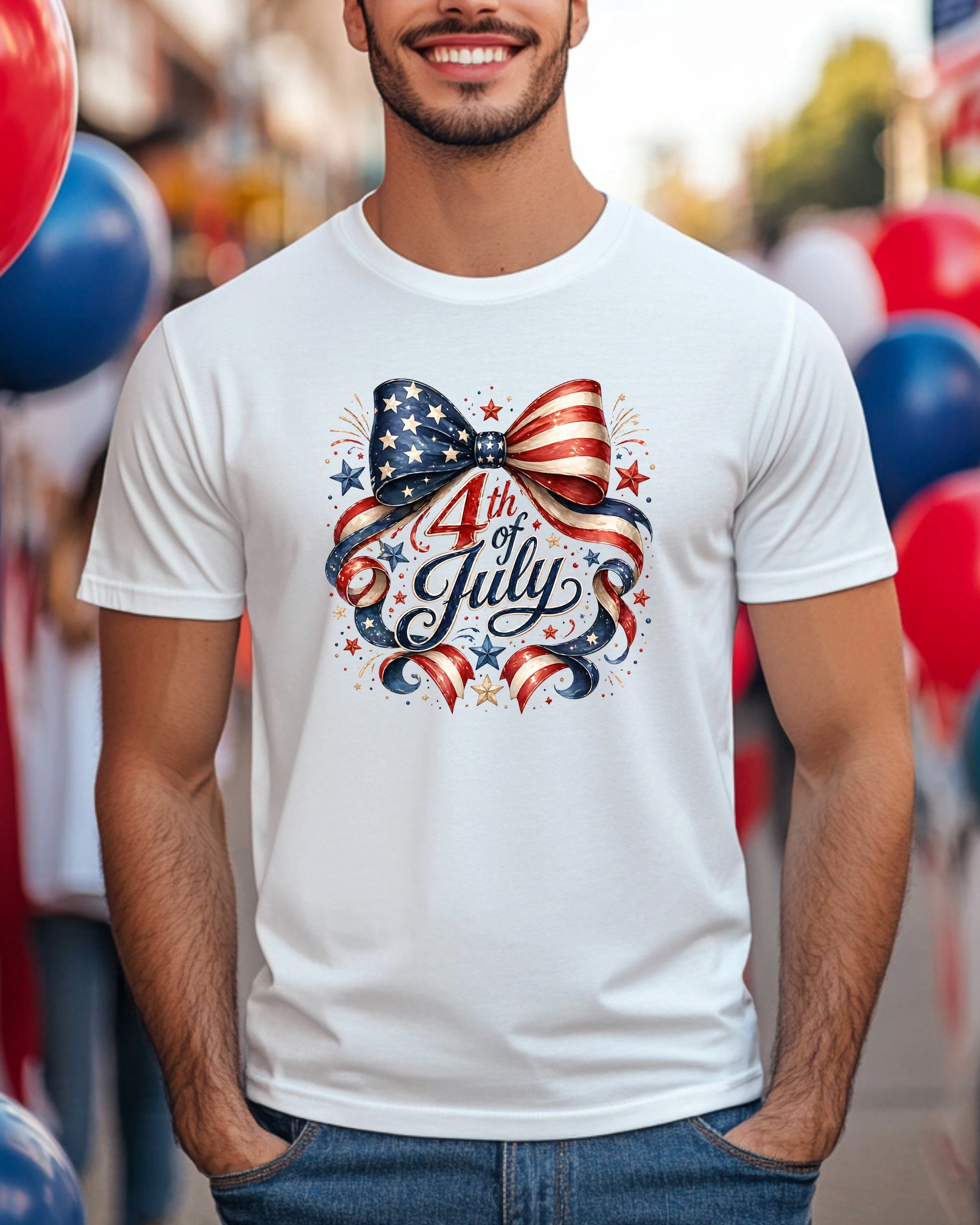 White t-shirt with a festive Fourth of July bow graphic featuring stars and stripes.