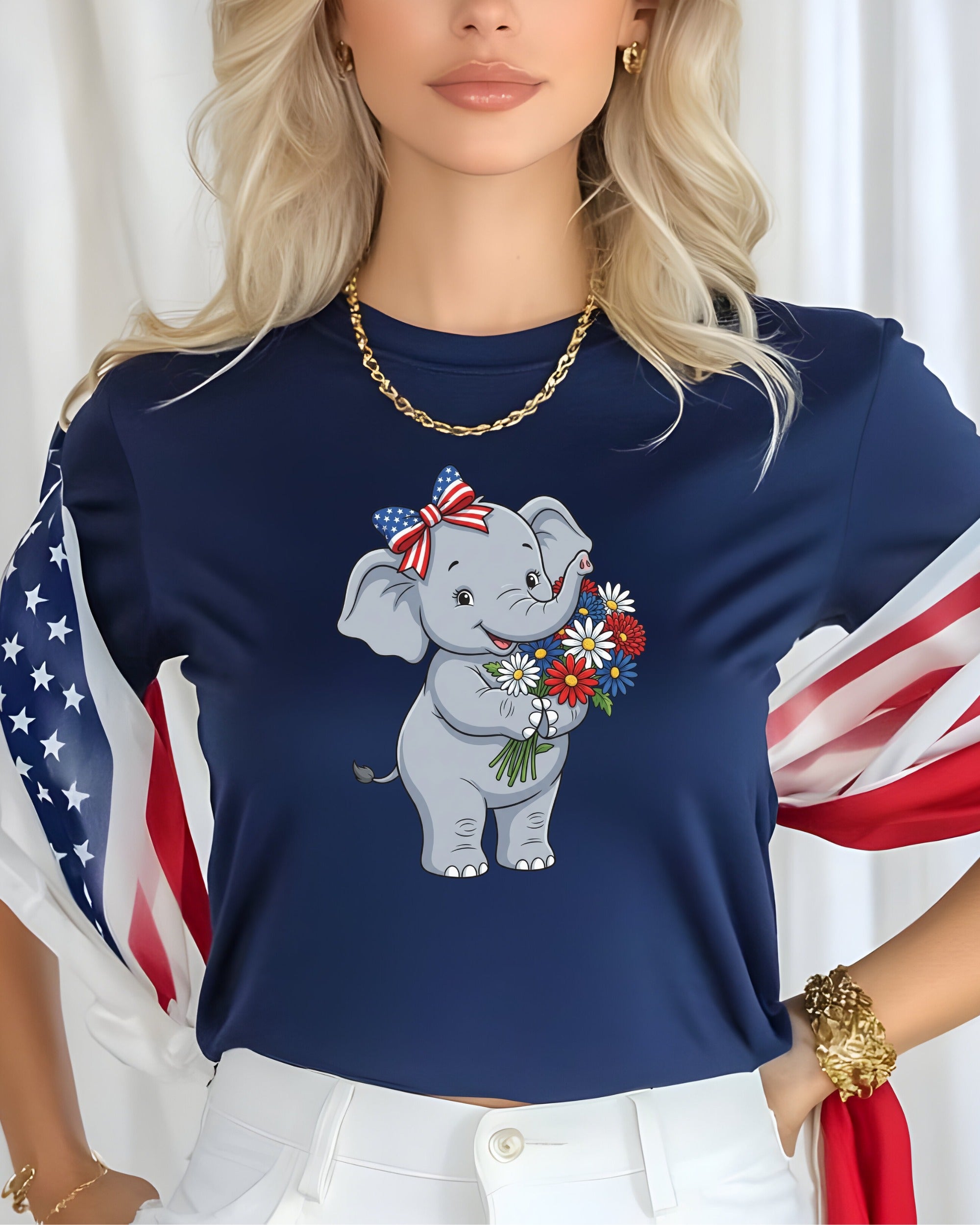 Cartoon elephant with a bow holding a bouquet of flowers, on a navy t-shirt.