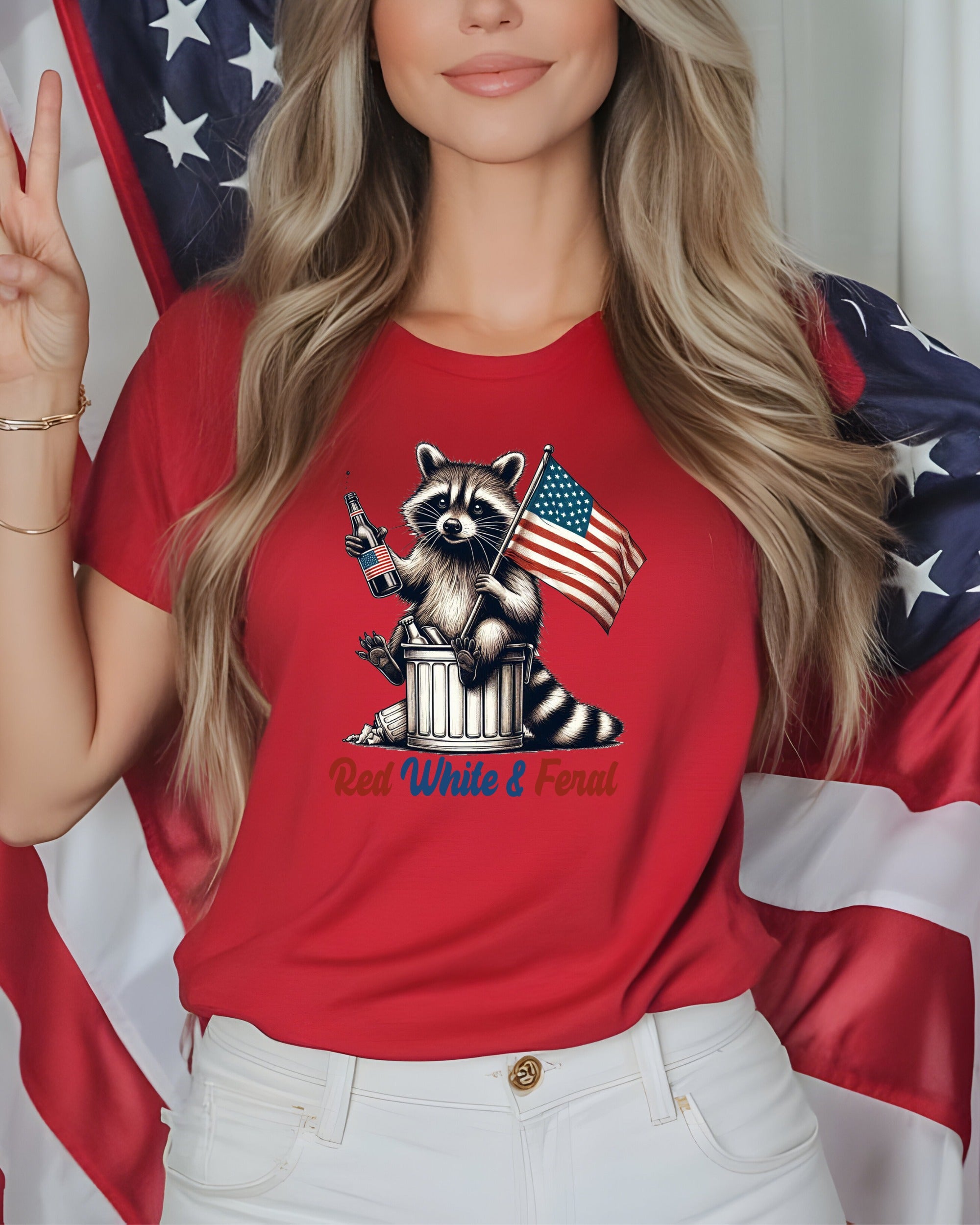 Raccoon wearing "Red White & Feral" shirt with American flag and beer.