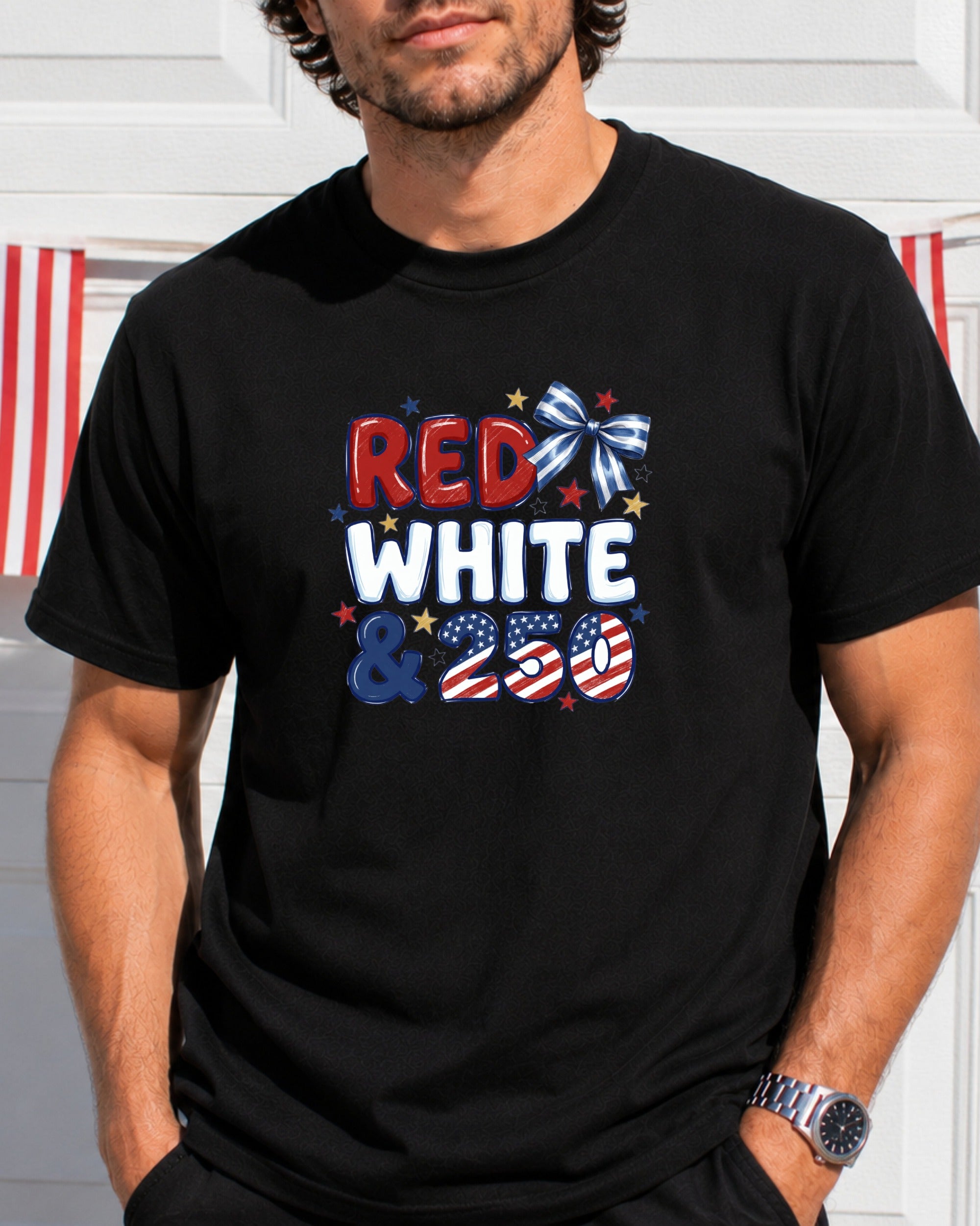 Black t-shirt with "Red White & 250" text and stars.