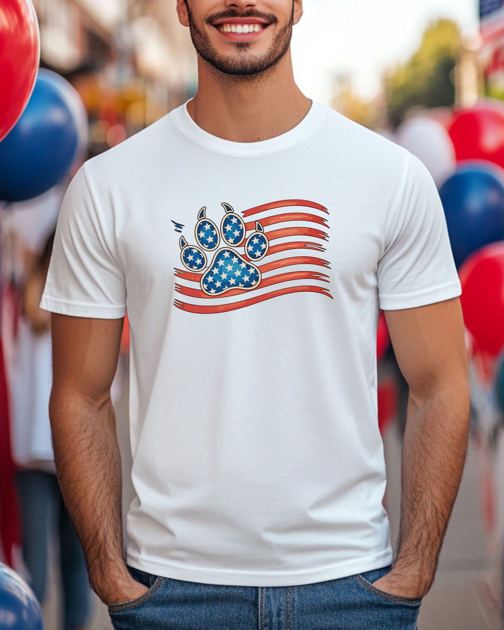 White t-shirt with distressed American flag paw print design.