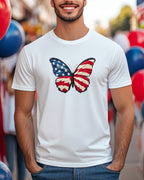 White t-shirt with a butterfly graphic designed like the American flag.