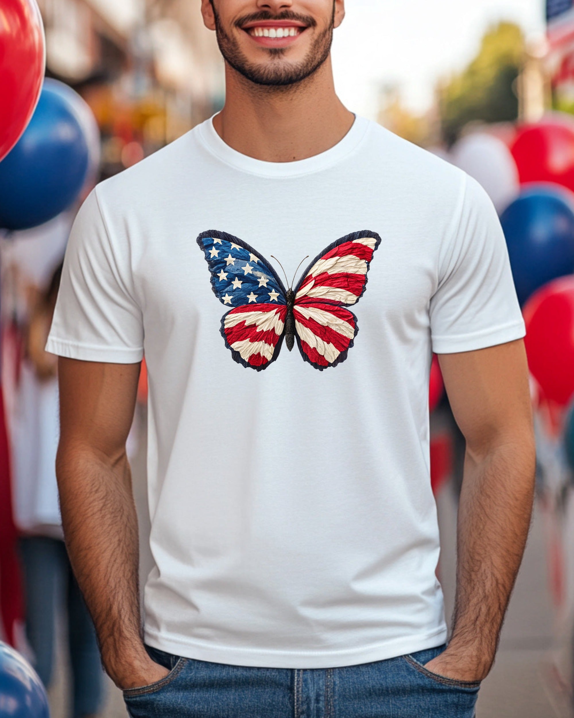White t-shirt with a butterfly graphic designed like the American flag.