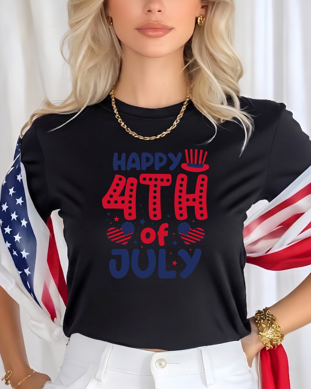 Black t-shirt with "Happy 4th of July" text and patriotic decorations.
