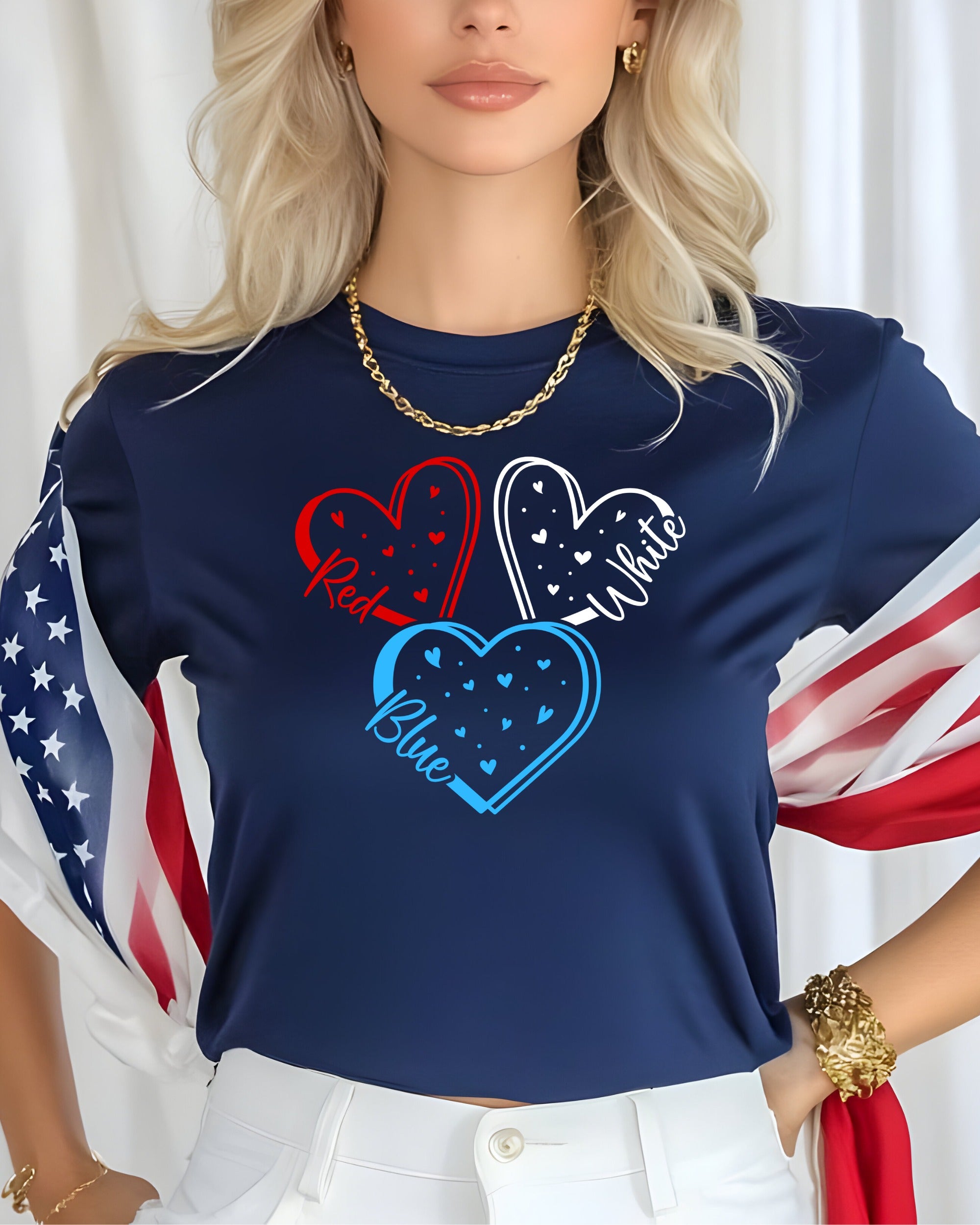 Navy t-shirt with red, white, and blue hearts and text.