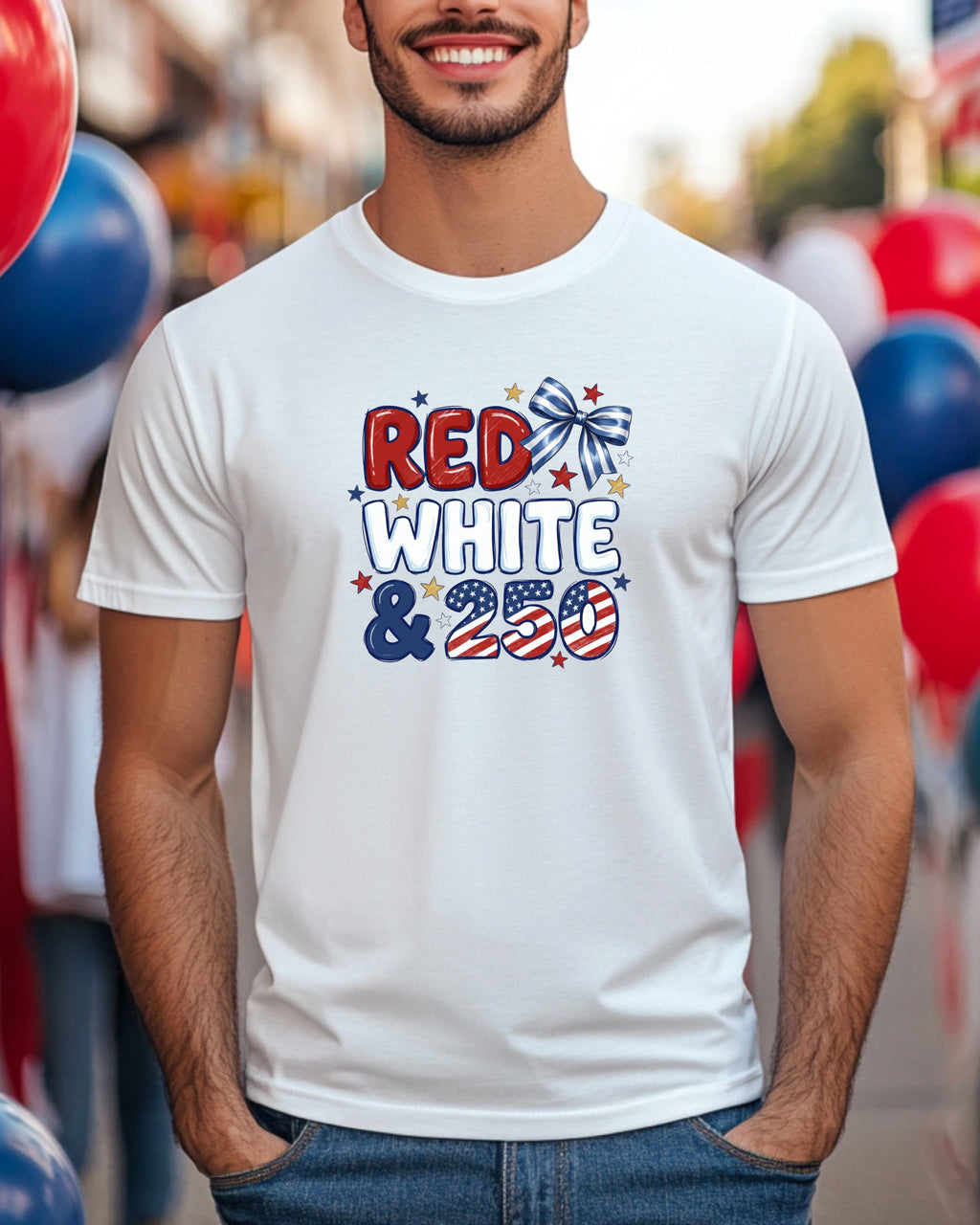 White t-shirt with "RED WHITE & 250" graphic and bow detail.