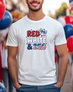 White t-shirt with "RED WHITE & 250" graphic and bow detail.