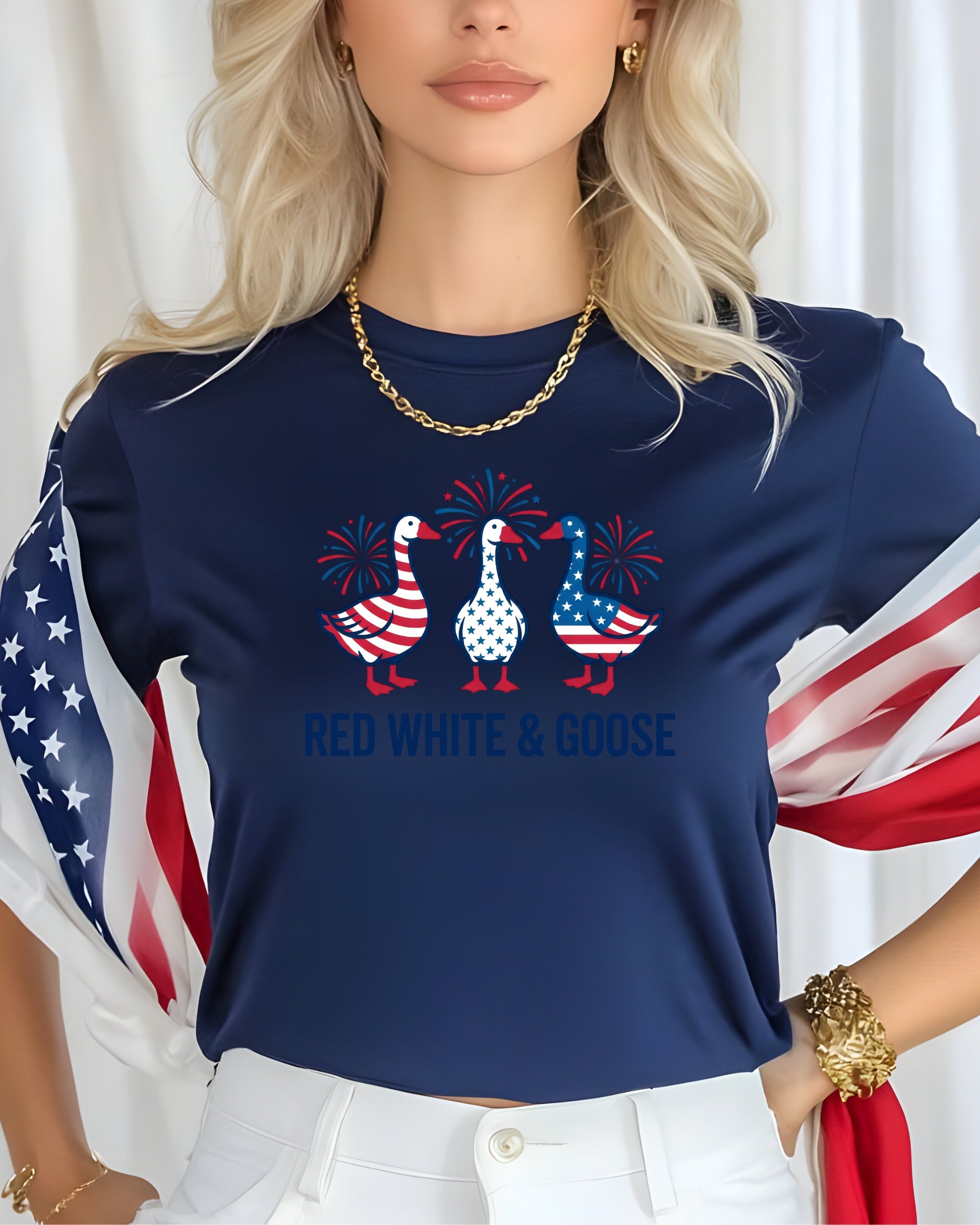 Navy t-shirt with red, white, and blue geese and fireworks graphic.