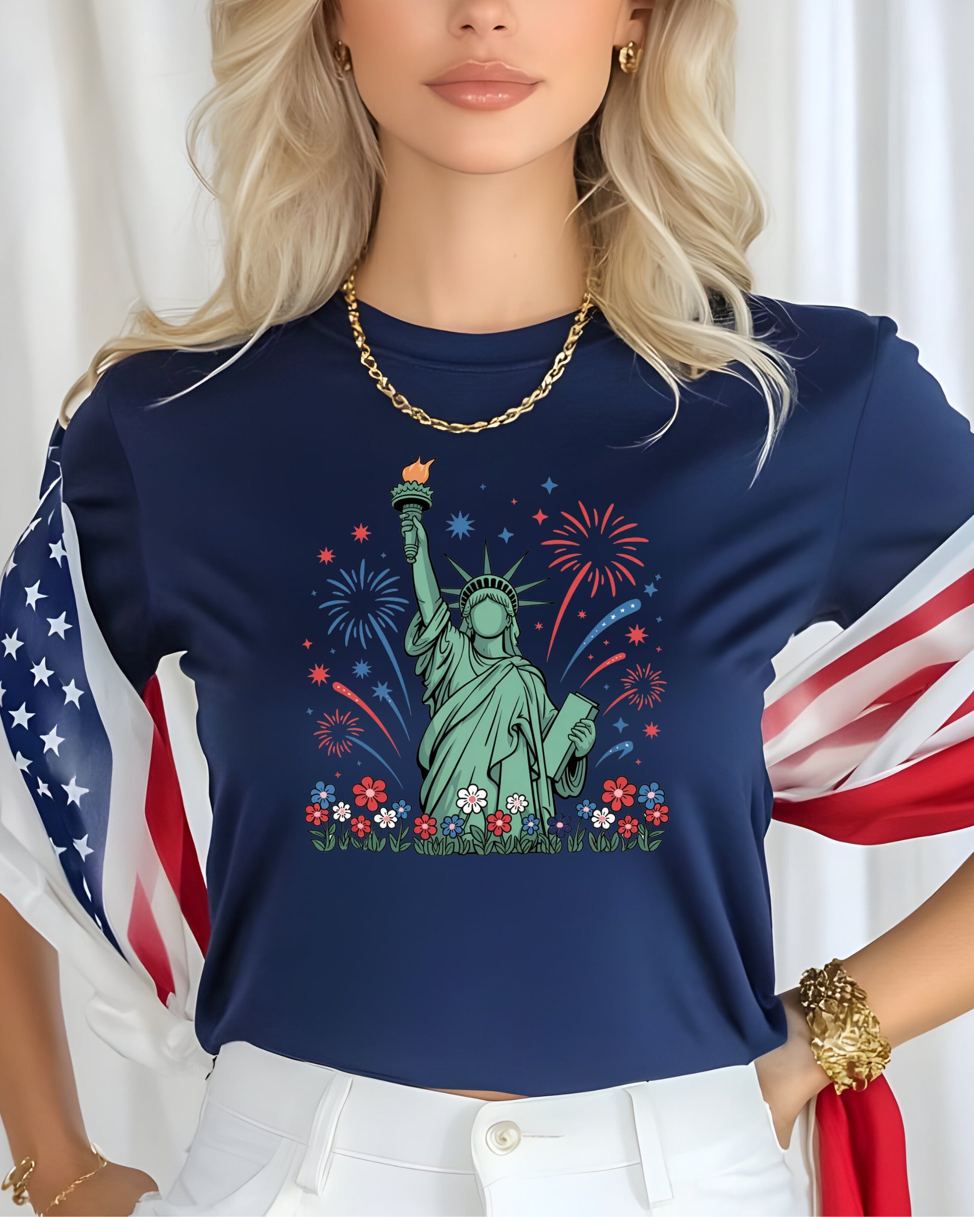 Navy t-shirt with Statue of Liberty, fireworks, and floral accents.