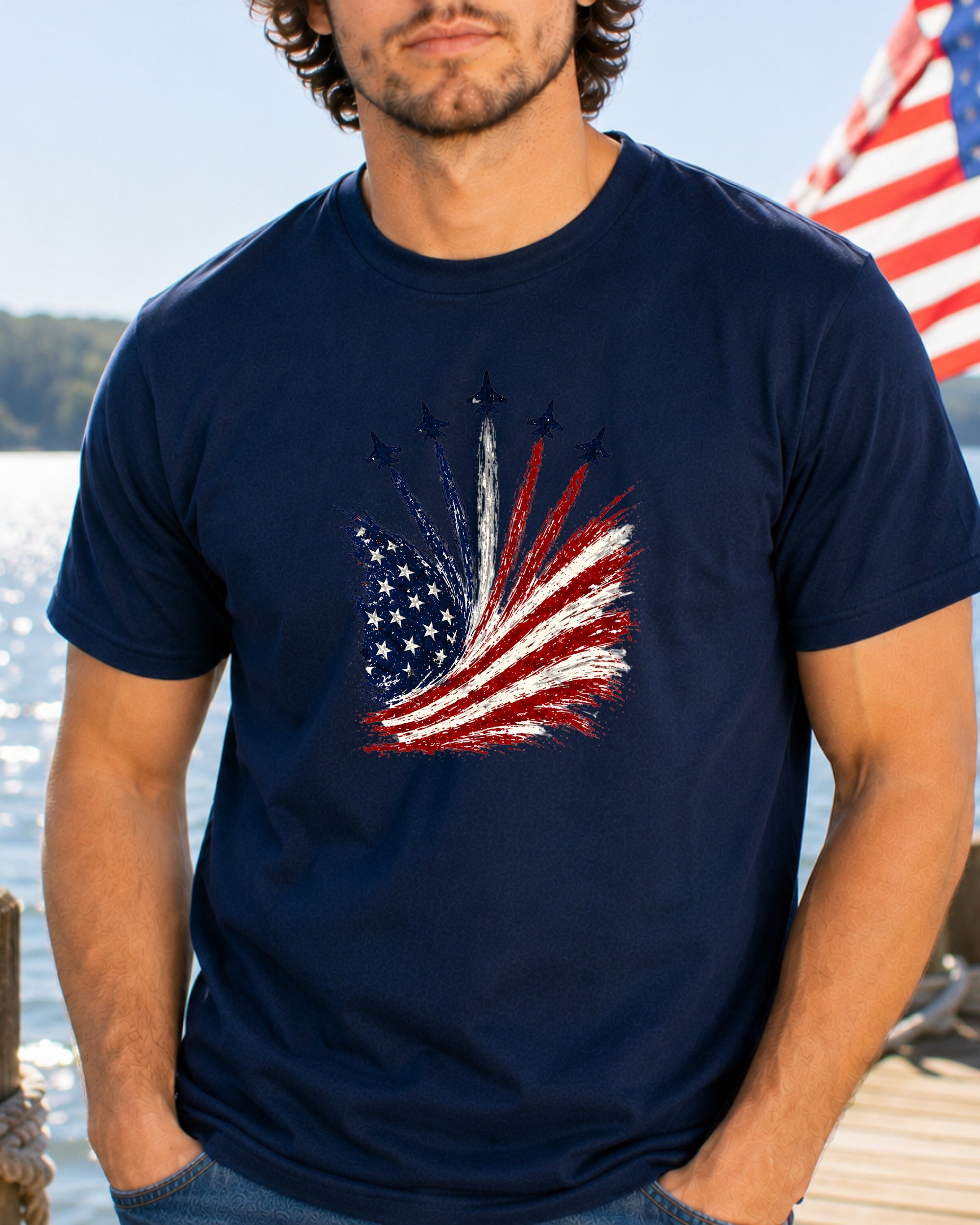 Navy t-shirt with a distressed American flag design and fighter jets.