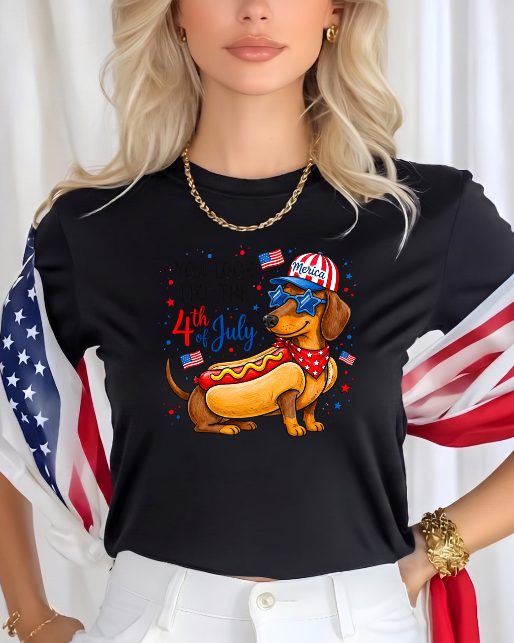 Dachshund in hot dog costume with "You look like the 4th of July" text.