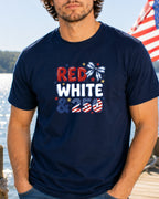 Navy t-shirt with "RED WHITE & 2023" and patriotic graphics.