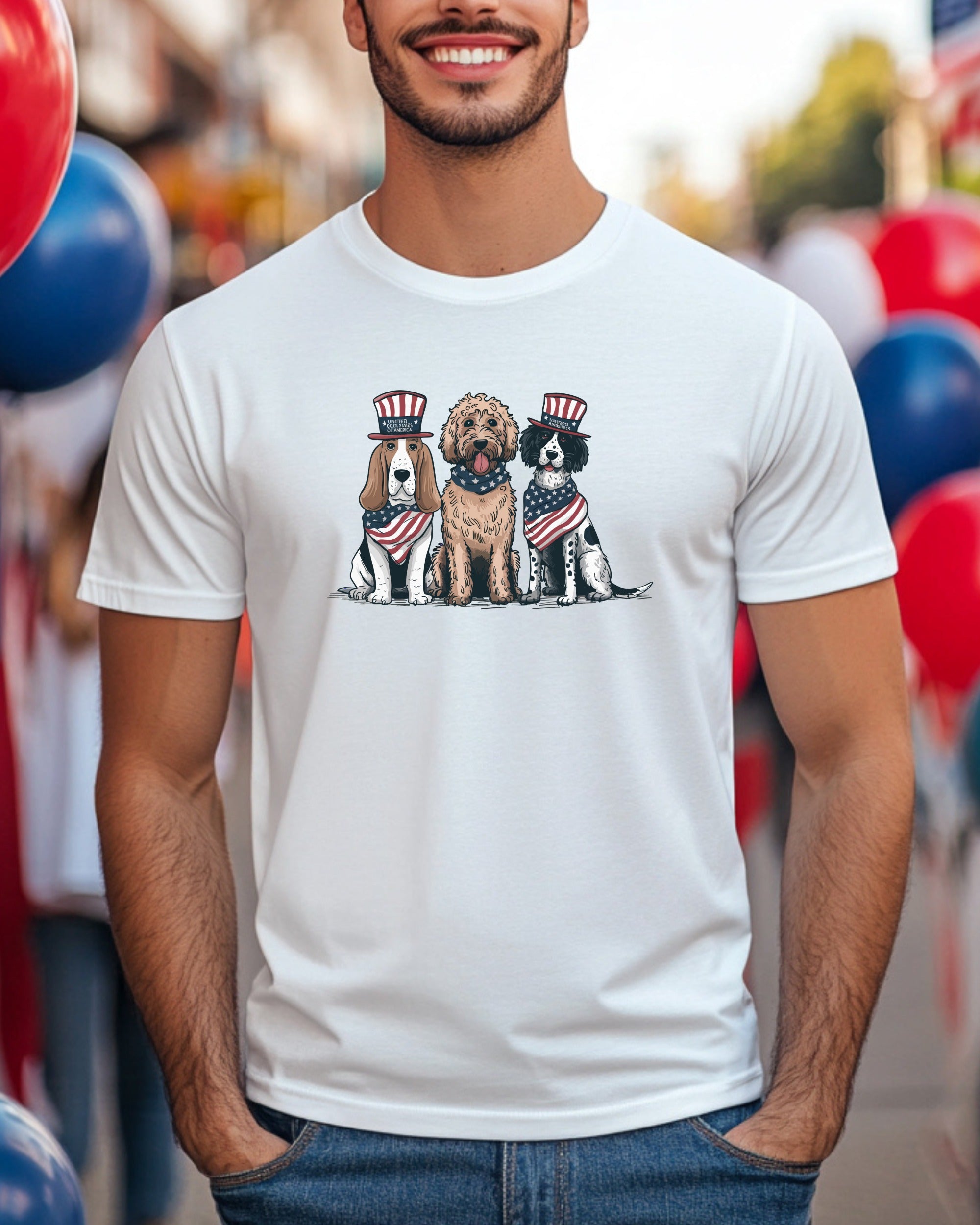 Three dogs wearing American flag bandanas and hats sit together.