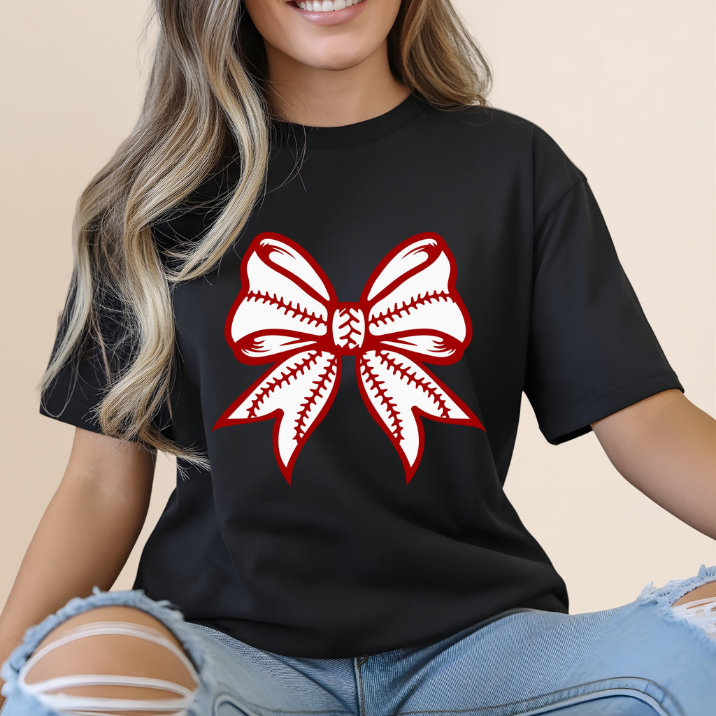 Black t-shirt with a red and white baseball bow graphic.