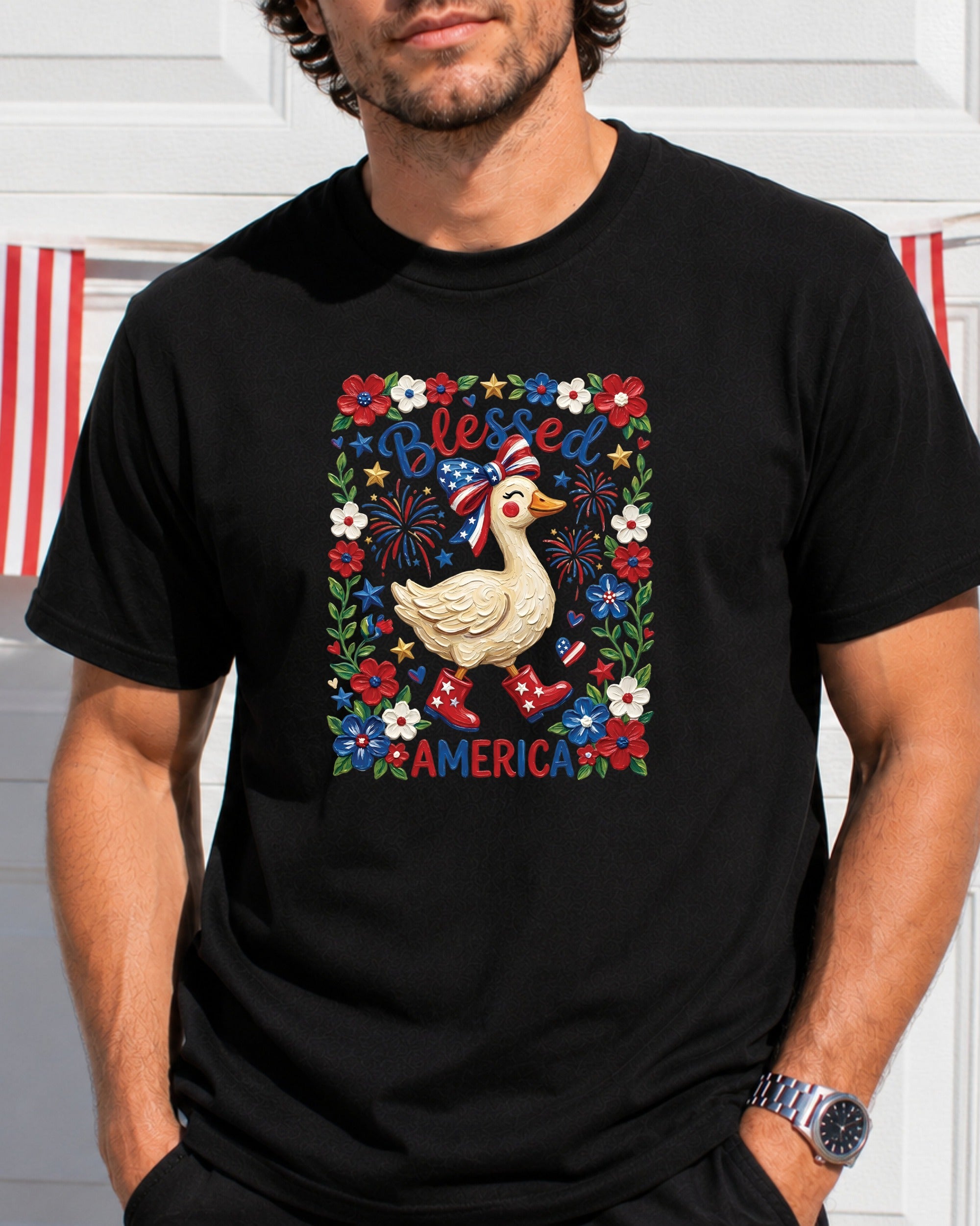 Duck wearing patriotic hat and boots, with "America" text and floral border.