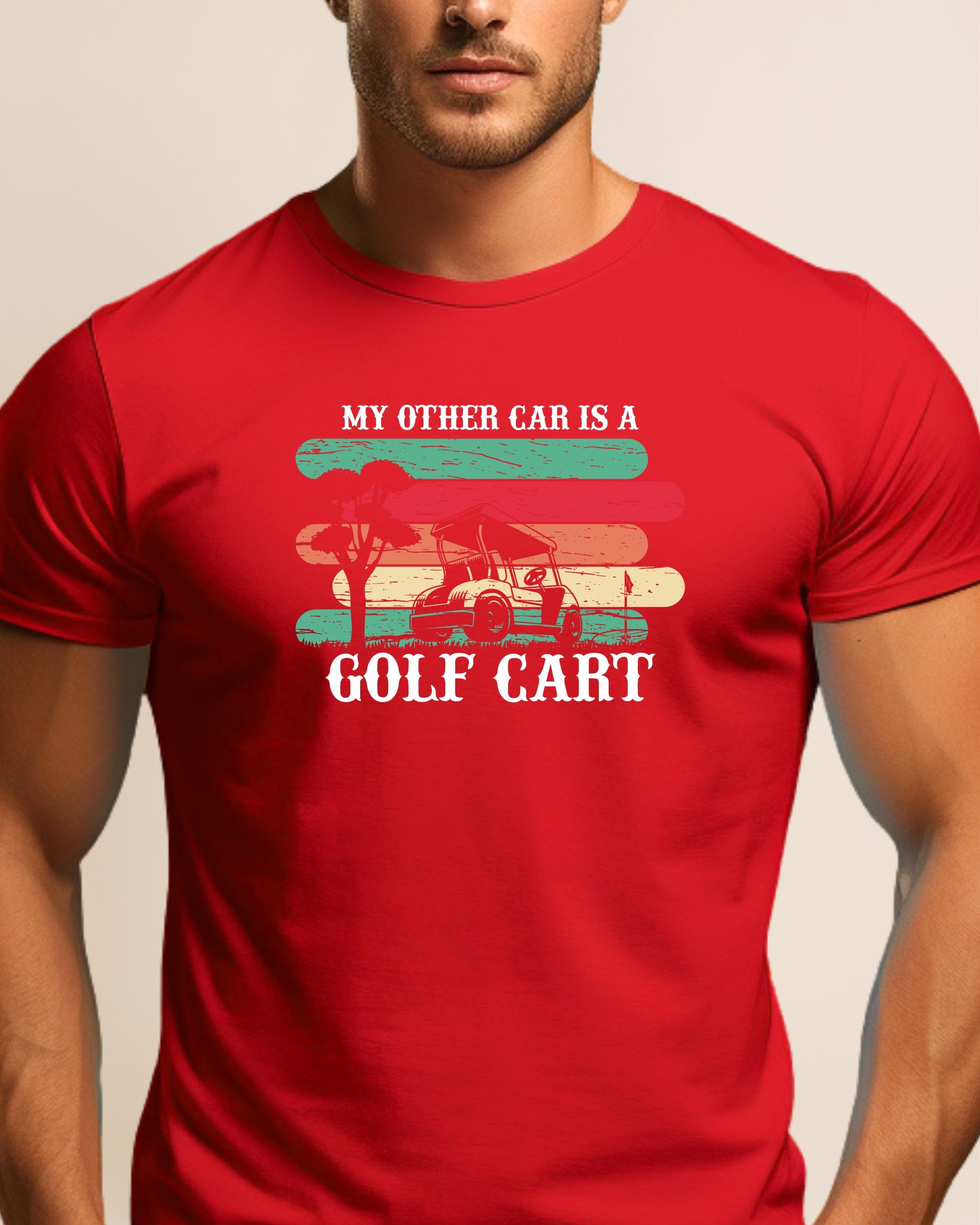 Red t-shirt with "My other car is a golf cart" graphic.