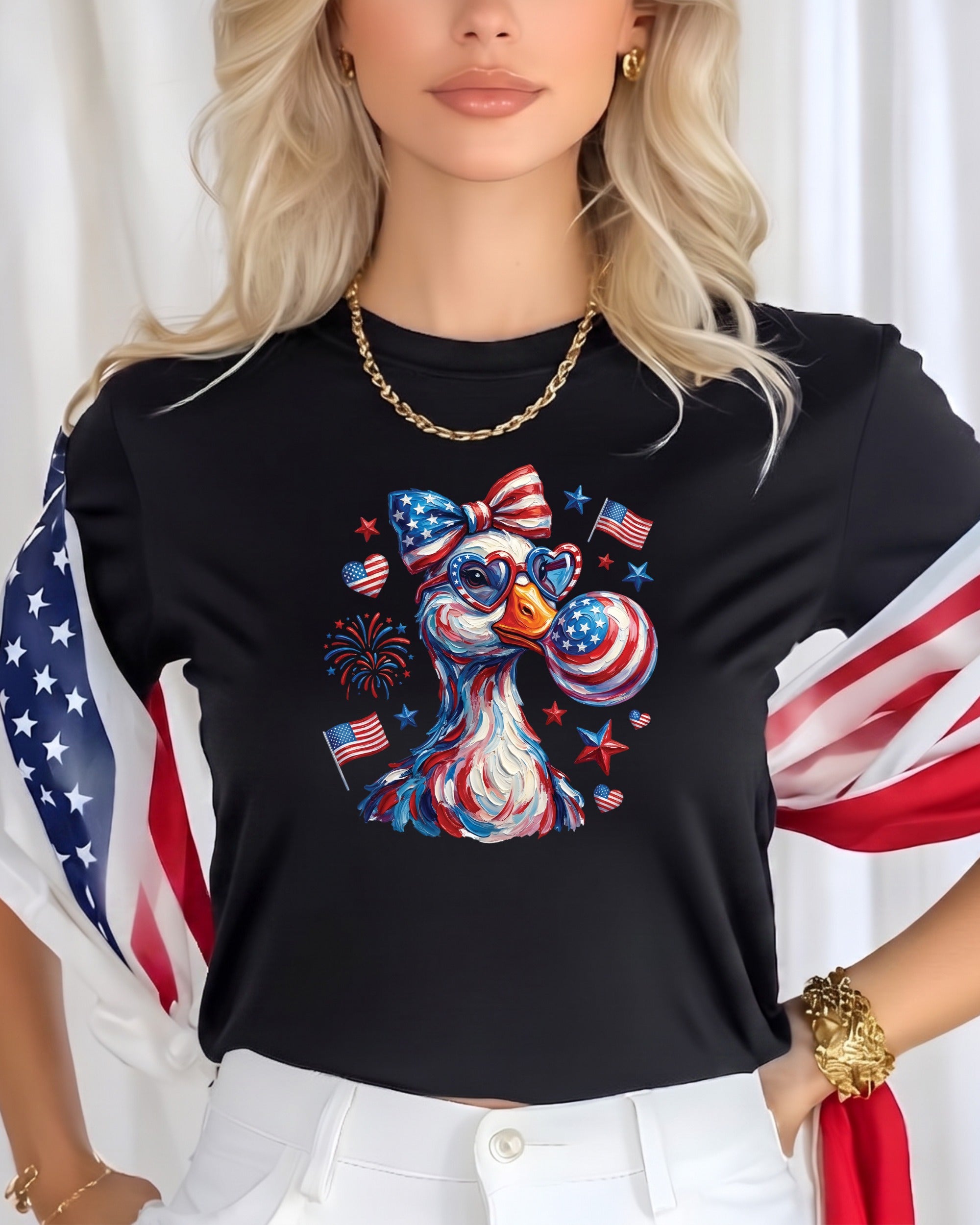 Black t-shirt with patriotic duck graphic, American flag accents, and heart-shaped sunglasses.