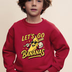 Red sweatshirt with cartoon banana playing baseball and text "Let's Go Bananas".