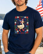Goose in patriotic outfit with "Blessed America" text on navy shirt.