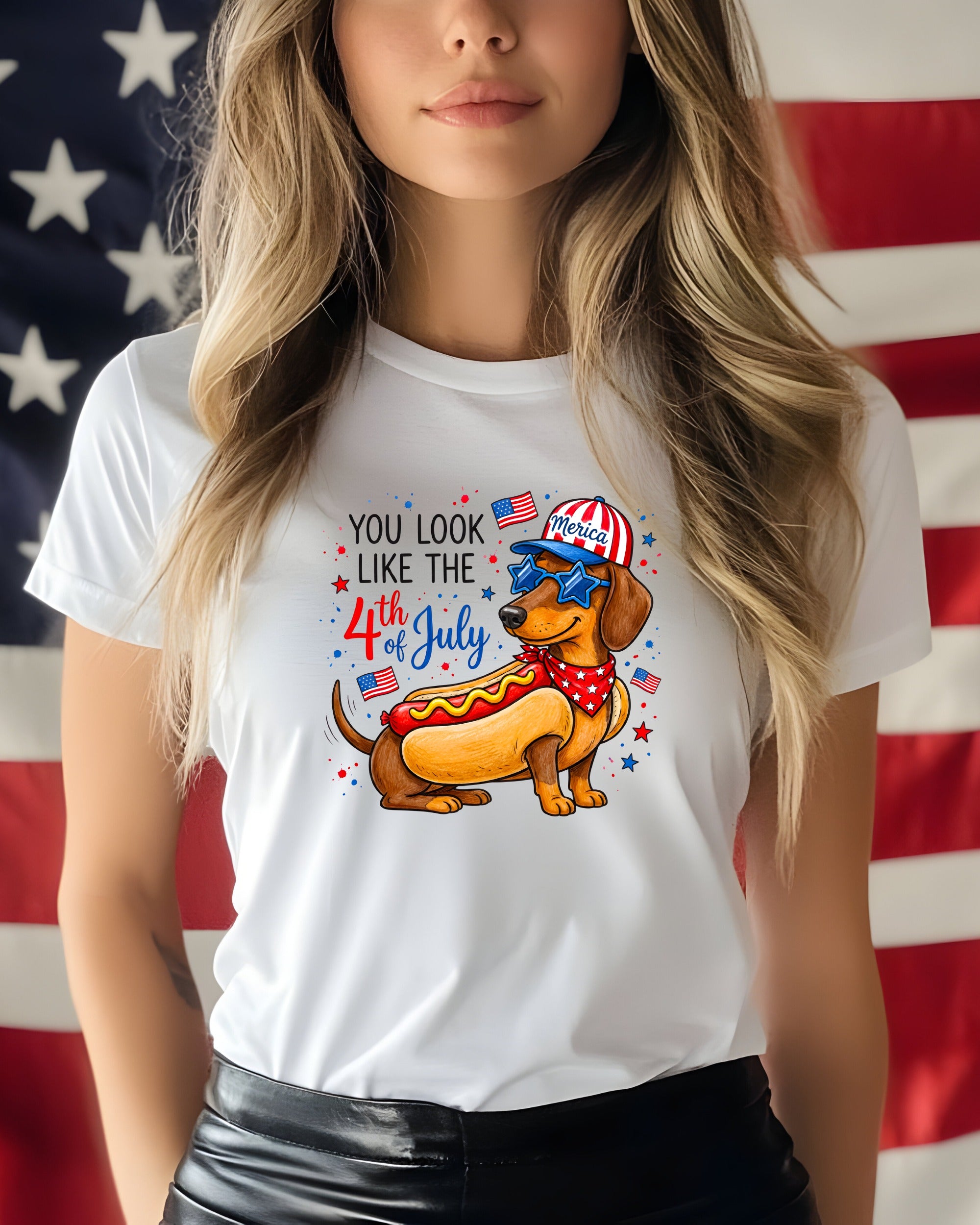 White t-shirt with patriotic dachshund graphic and "You look like the 4th of July" text.
