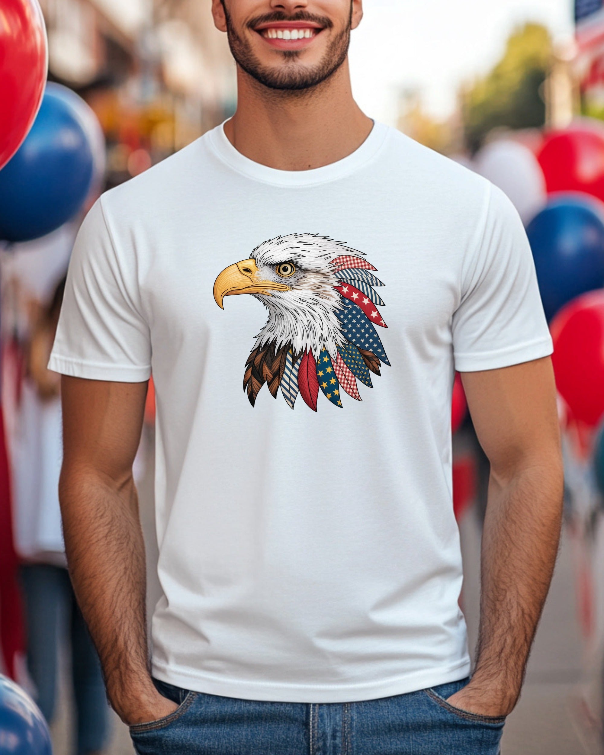 Eagle head with patriotic feathers on a white t-shirt.